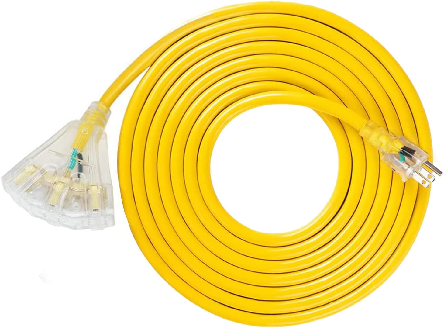 EP 50 Ft Lighted Outdoor Extension Cord with 3 Electrical Power Outlets - 14/3 SJTW Heavy Duty Yellow Extension Cable with 3 Prong Grounded Plug