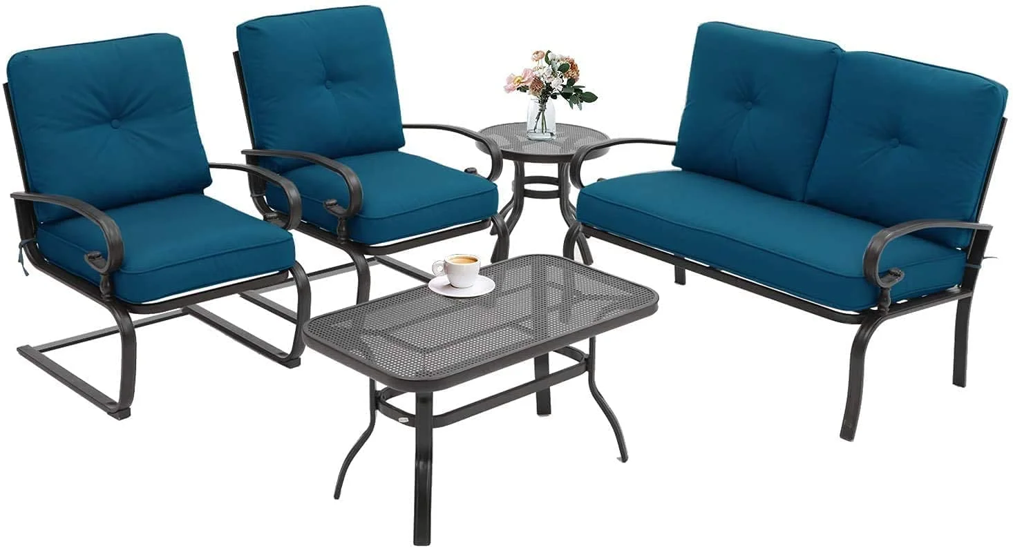 SUNCROWN 5-Piece Outdoor Patio Furniture Metal Conversation Set Loveseat and Chairs with Tables, Peacock Blue