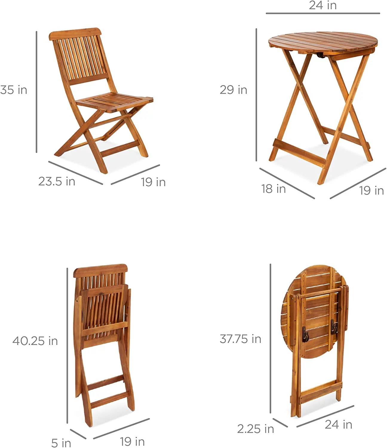 3-Piece Acacia Wood Bistro Set, Folding Patio Furniture for Backyard, Balcony, Deck w/ 2 Chairs, Round Coffee Table, Teak Finish - Natural