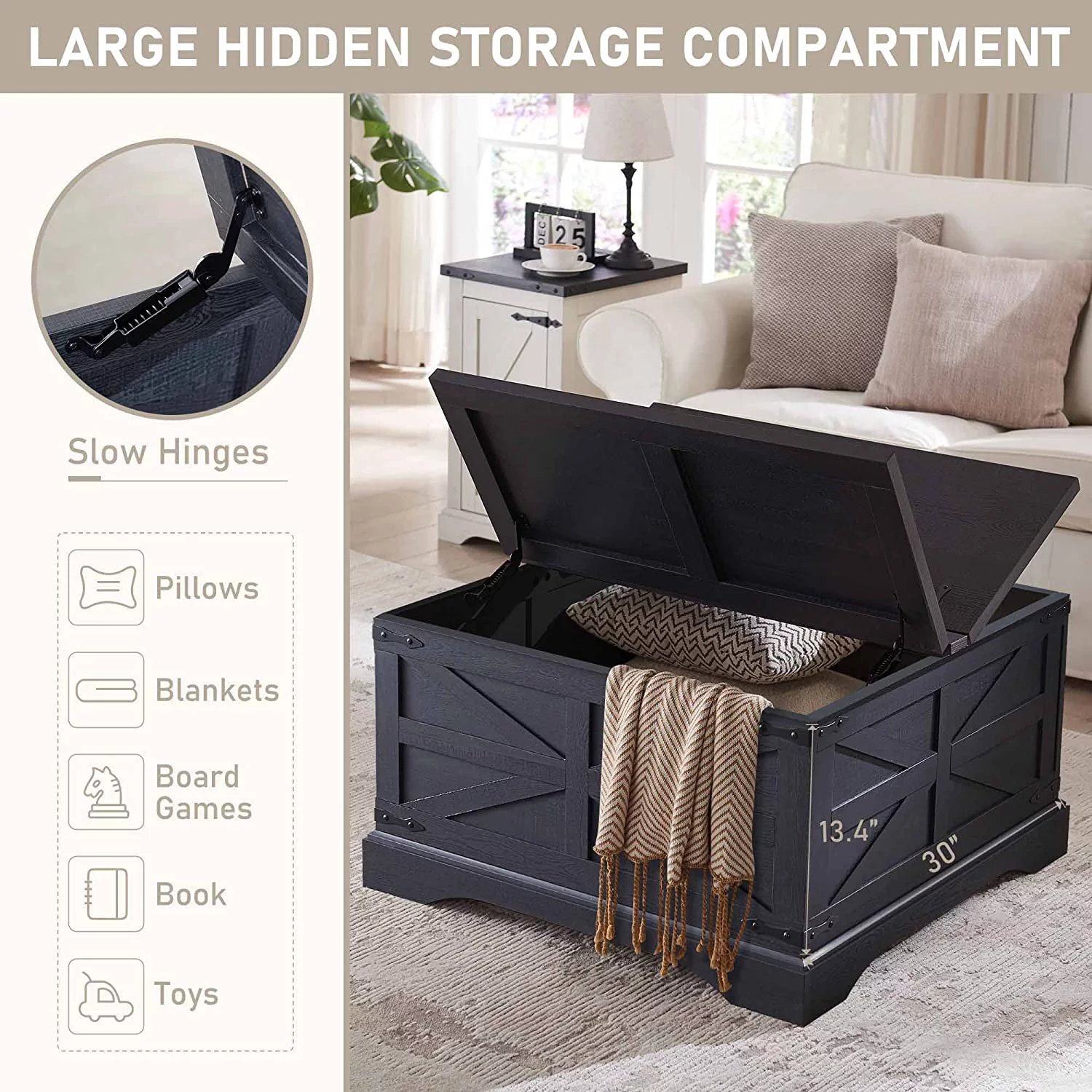Farmhouse Coffee Table with Large Hidden Storage Compartment for Living Room,  Hinged Lift Top