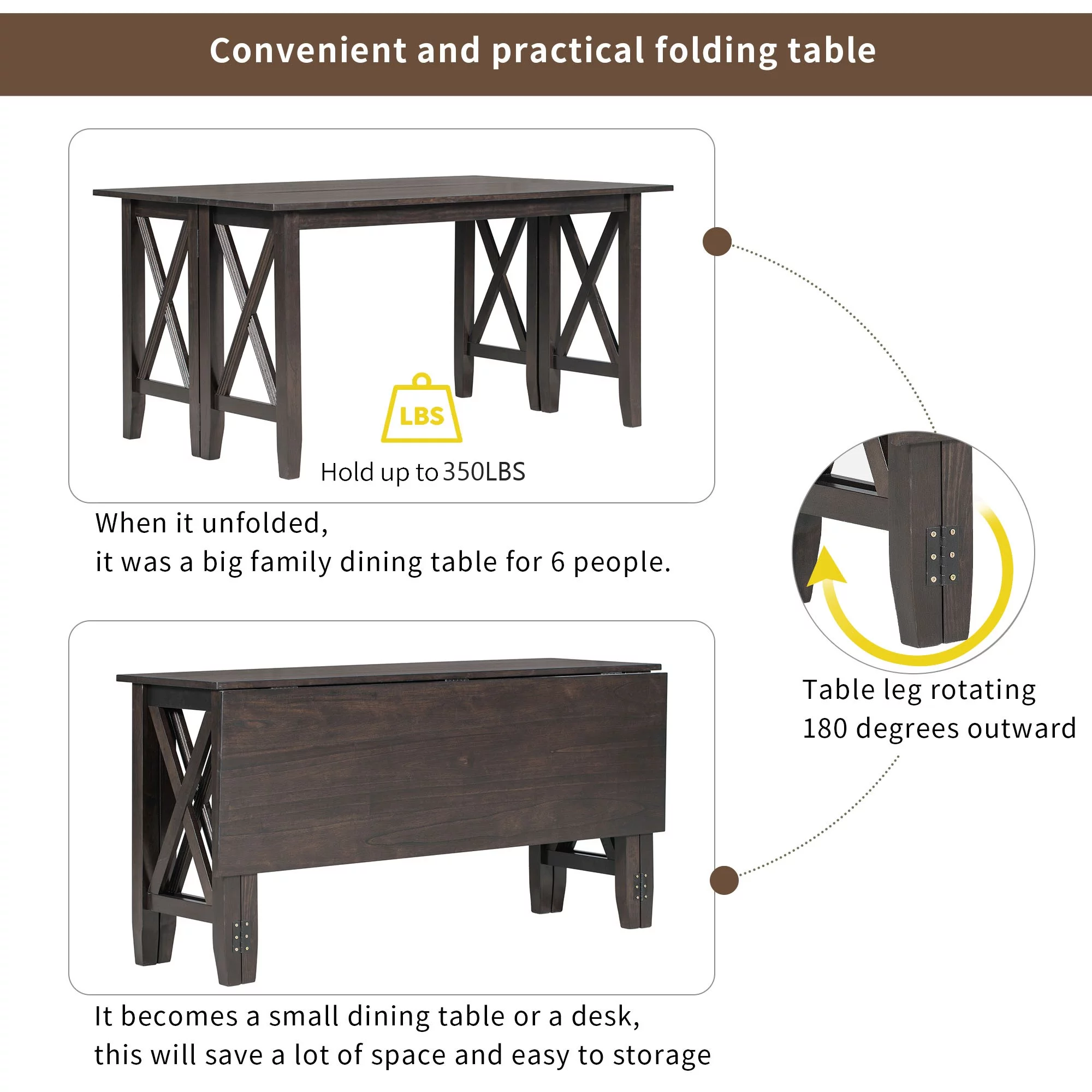 6 Pieces Dining Table Set, HSUNNS Foldable Wood Kitchen Table Set for 6 with Bench and 4 Cushioned Chairs