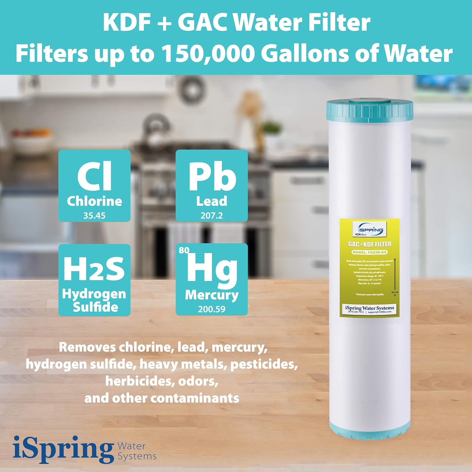 iSpring FG25B-KS High Capacity Heavy Metal Reducing GAC and KDF Whole House Water Filter Replacement Cartridge, 4.5” x 20”