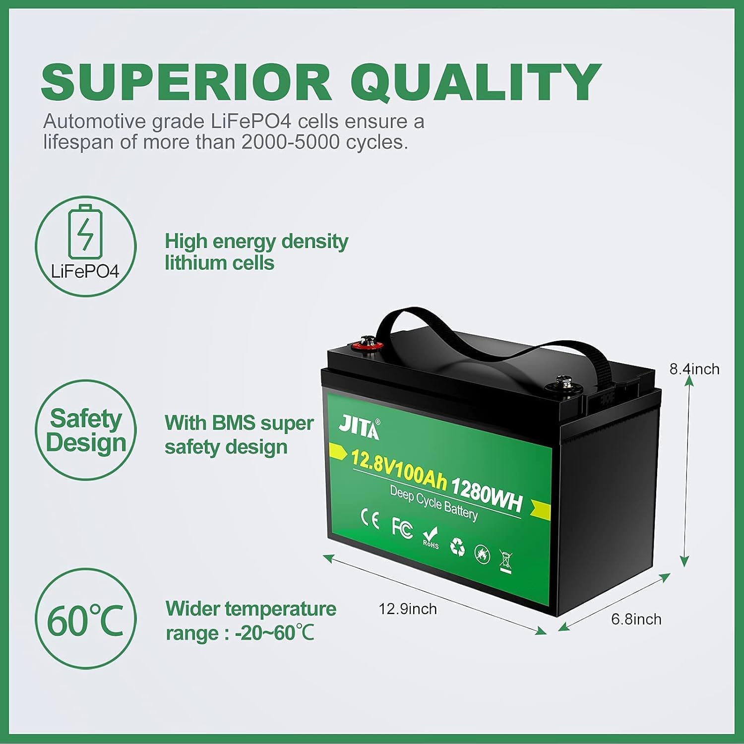 JITA 12V 100Ah LiFePO4 Lithium Battery RV Deep Cycle Battery, Built-in 100A BMS, 10 Year Life, 1280W Power Output for RV, Solar Power System, Marine