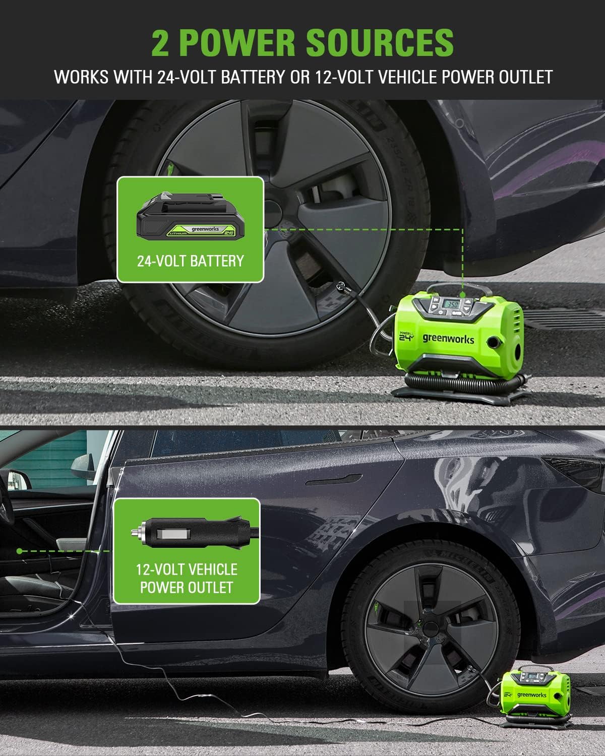 Greenworks 24V Portable Air Compressor - Cordless Tire Inflator Air Pump, MAX 160 PSI, 2 Power Sources, Auto Shut Off, for Car, Bicycle, Motocycle