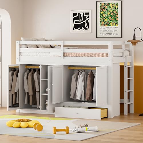 Harper & Bright Designs Twin Size Loft Bed with L-Shaped Desk and Stairs, Solid Wood Loft Bed Frame with Storage Drawers and Bookcase