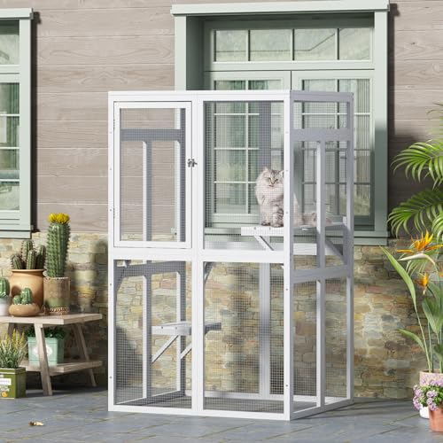 COZIWOW Catio Outdoor Cat Enclosure Window Access, Wooden Cat House Shelter, Kitty Cage with 3 Platforms for Patio Indoor (White)
