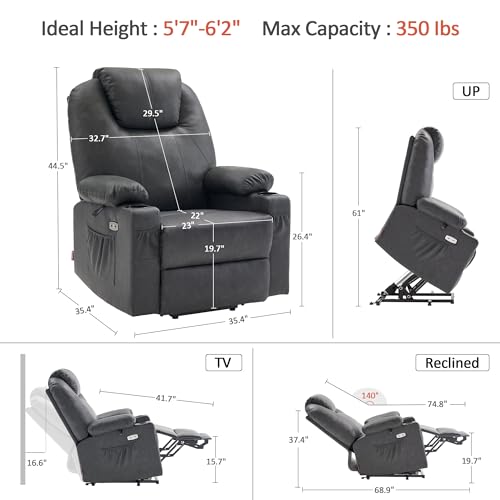 MCombo Power Lift Recliner Chair for Elderly, Lift Chair with Heat and Massage, FSC Certified, USB Ports, Cup Holders, Faux Leather 7040 (Black