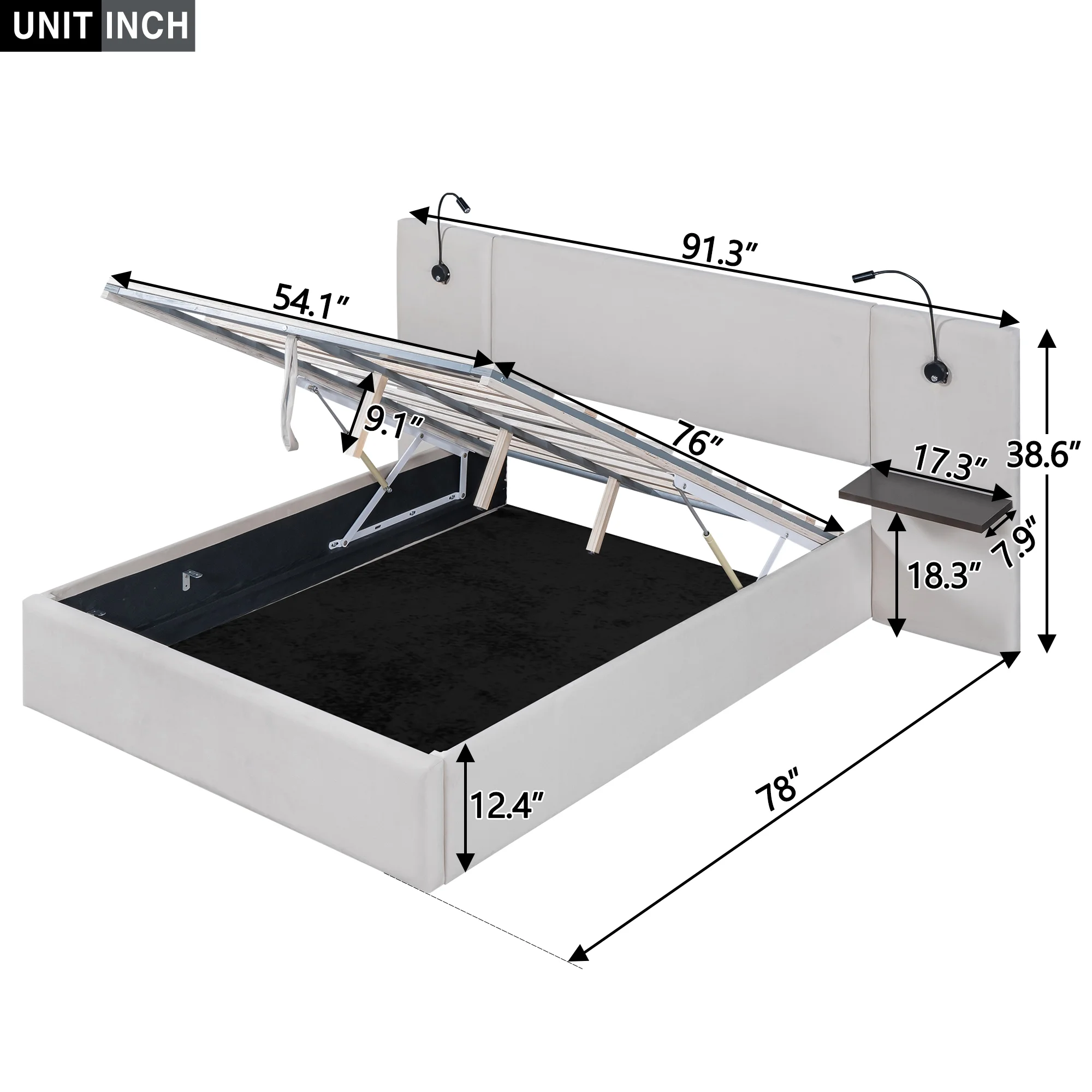 Full Upholstery Platform Bed with Lift up Storage and LED Headboard for Kids, White