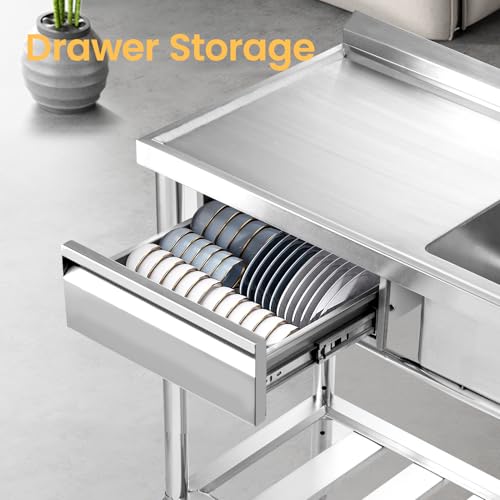 Stainless Steel Utility Sink, 47.2'' Free Standing Single Bowl Kitchen Sink with Right Drawer, Cold and Hot Water Pipe