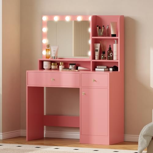 Vanity Desk with Mirror and Lights, Diamond Edition Vanity Desk, Makeup Vanity Table with 3 Drawers & 5 Open Shelves