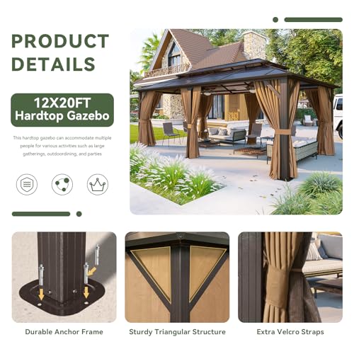 Aoxun 12'x10' Hardtop Gazebo, Aluminum Frame Permanent Pavilion with Curtains and Netting, Outdoor Polycarbonate Double Roof Canopy