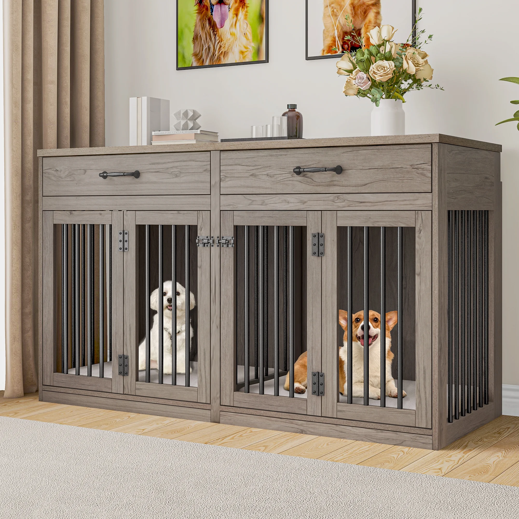 Dextrus Large Dog Crate Furniture for 2 Dogs, 60" Wooden Dog Kennel with Double Doors and 2 Drawers, Heavy Sturdy Dog Kennel for Medium Large Dog