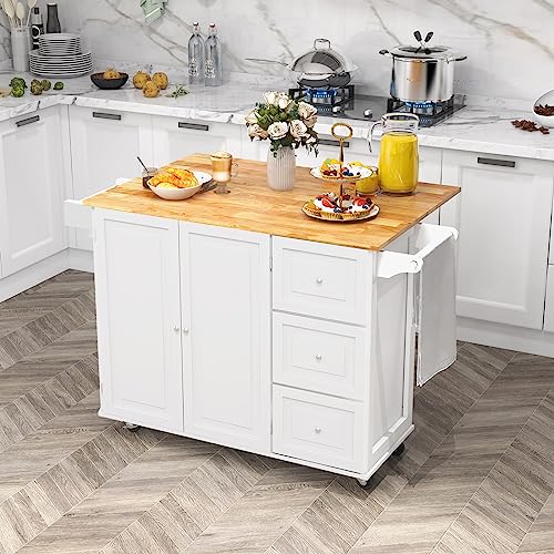 SILKYDRY Kitchen Island with Stainless Steel Top, Rolling Kitchen Trolley Cart with Storage Cabinet, 3 Drawers, Towel & Spice Rack