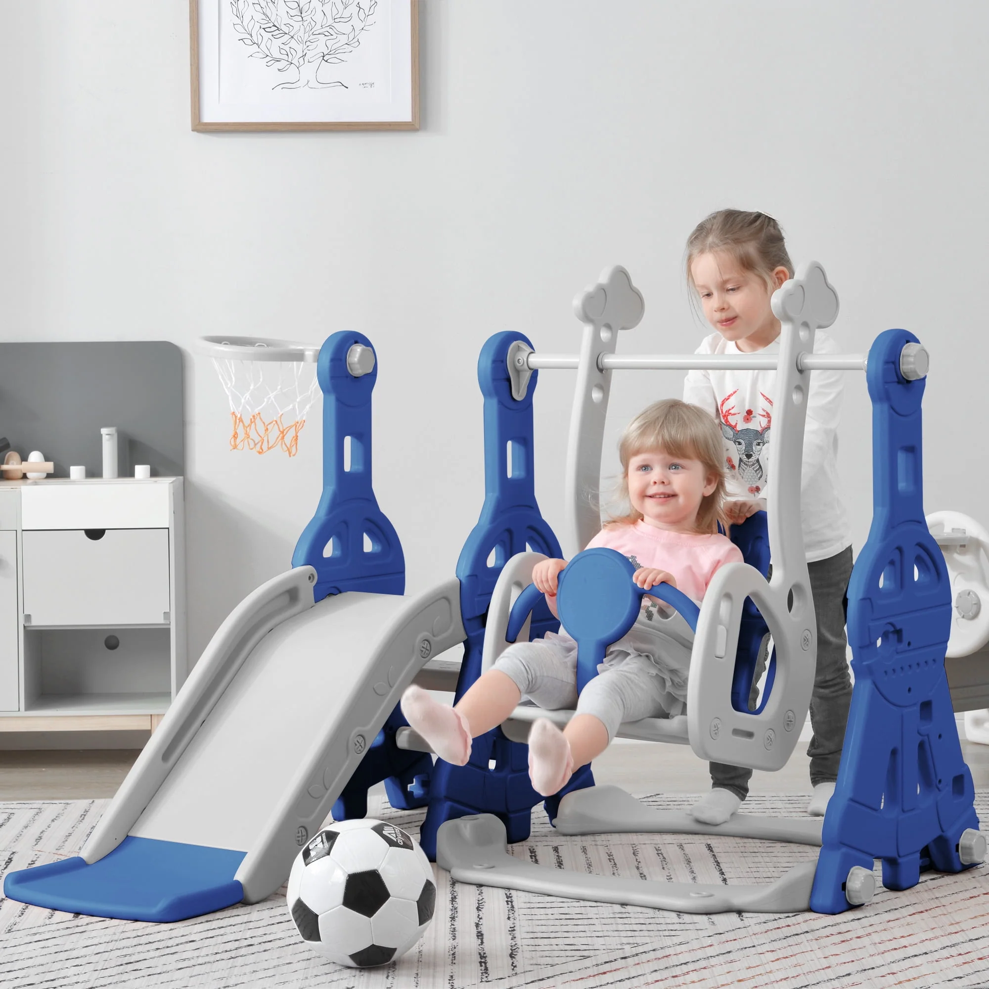 Toddler Slide and Swing Set 3 in 1, Kids Playground Climber Swing Playset with Basketball Hoops Freestanding Combination Indoor & Outdoor