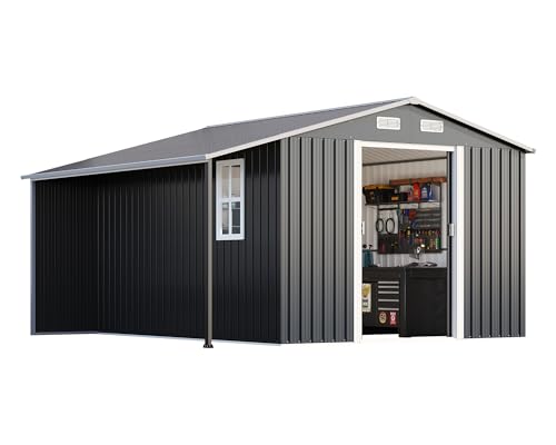 AMERLIFE 10.6x10.3x6.3 FT Metal Storage Shed with Sliding Doors Two 4-Pane Windows, Open Outdoor Shed for Wood Storage, Dark Grey/White