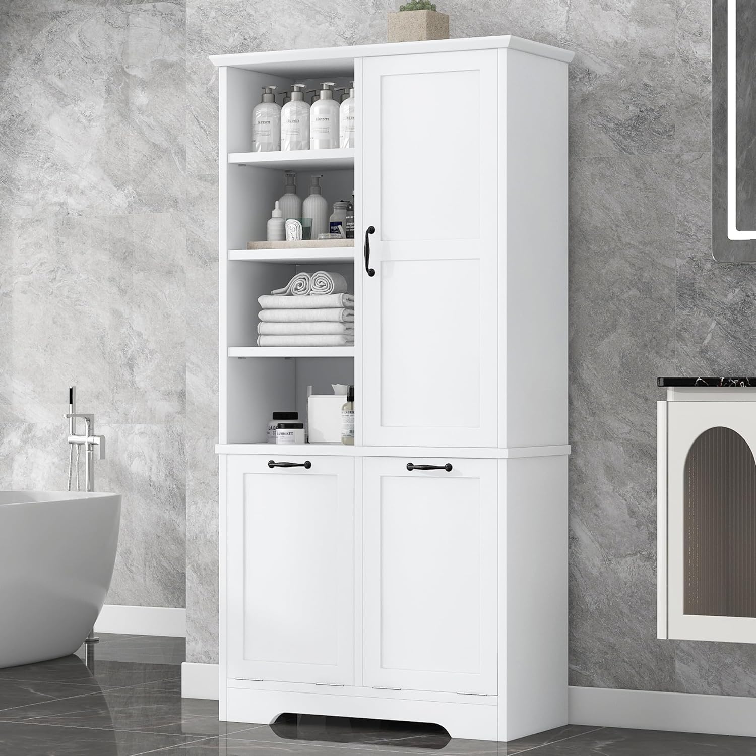 Merax Bathroom Storage Cabinet with Laundry Hamper, Open Shelf, Tall Freestanding Organizer for Home, White