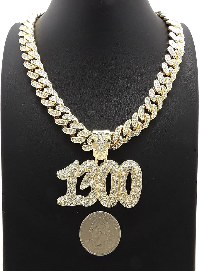 Hip Hop Iced Gold Plated Cubic Zirconia Rapper Style 1300 Bling Pendant & 12mm 16" Iced Cuban Box Lock Chain Necklace Set