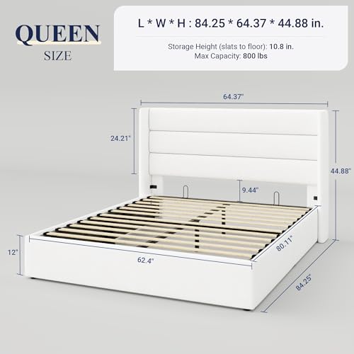 Allewie Full Size Lift Up Storage Bed, Modern Wingback Headboard, Hydraulic Support, No Box Spring Needed, Light Beige