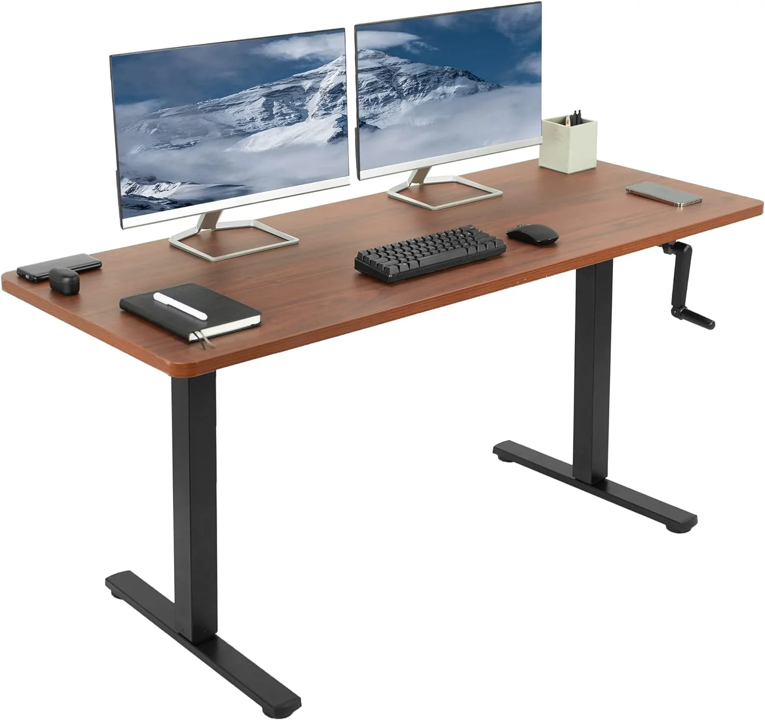 Manual Height Adjustable 60 X 24 Inch Stand Up Desk, Dark Walnut Solid One-Piece Table Top, Black Frame, Standing Workstation With Foldable Handle