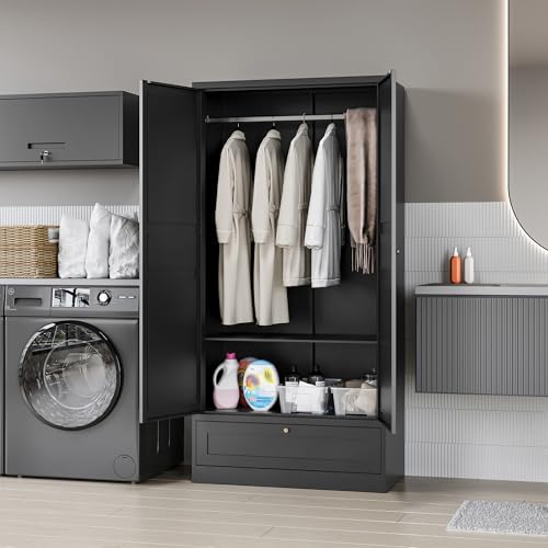 MIIIKO Steel Cabinet Wardrobe, Metal Locker Cabinet with Hanging Rod, Metal Clothing Locker Storage for Home, Office, Garage and Changing Room