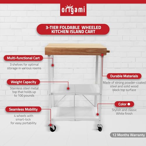 Origami Folding Kitchen Cart on Wheels, 3-Tier Foldable Rolling Cart - Chefs Outdoor Cart for Wine and Food, Microwave Cart, Plating Shelf