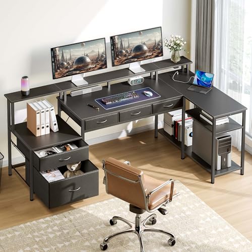 Seventable L Shaped Desk with File Drawers, 64" Home Office Desk with Power Outlet & LED Lights, Reversible Gaming Desk with Printer Storage Shelves
