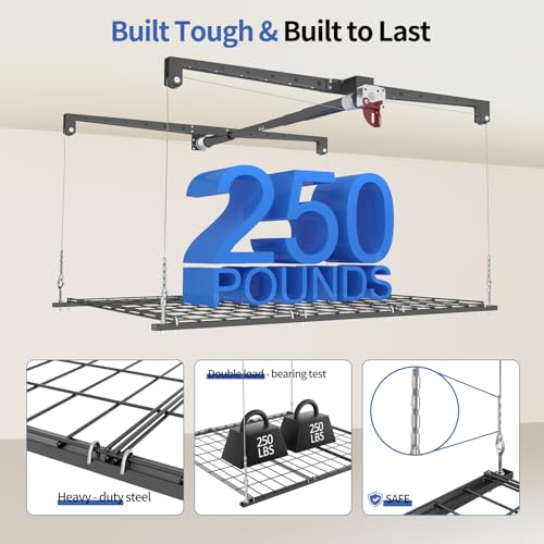 Overhead Garage Storage Rack, Heavy-duty 4x4 Ft Ceiling Storage Racks with Safety Lock