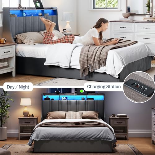 LINSY Lift Up Storage Bed Queen Bed Frame with Storage, Upholstered Bed Frames with Headboard