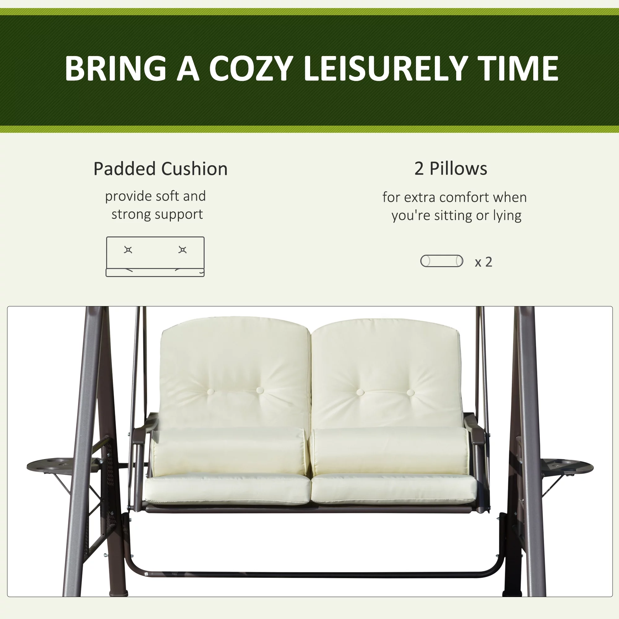 Outsunny 2-Person Patio Swing Bench with Adjustable Shade Canopy, Soft Cushions, Throw Pillows and Tray, Beige.