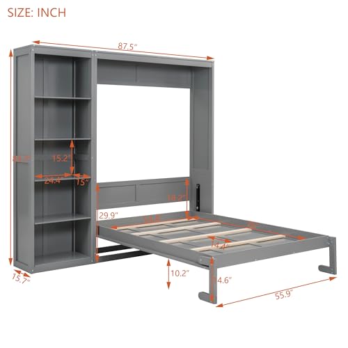 Harper & Bright Designs Full Size Murphy Bed Wall Bed with Storage Shelves, Drawers and LED Lights