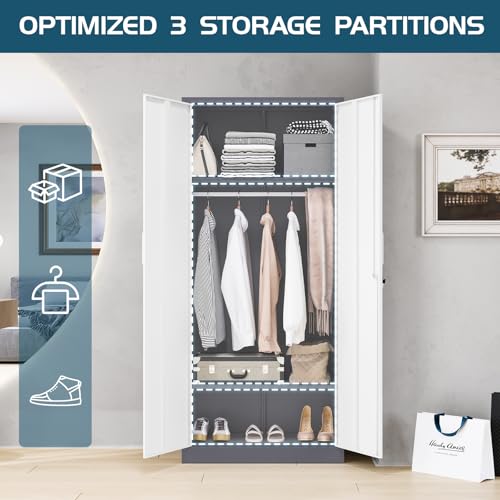 MIIIKO Steel Cabinet Wardrobe, Metal Locker Cabinet with Hanging Rod, Metal Clothing Locker Storage for Home, Office, Garage and Changing Room