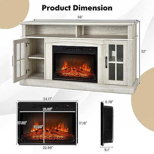 COSTWAY Electric Fireplace TV Stand for TVs Up to 65 Inches, 1400W Heater Insert with Remote Control, 6H Timer, 3-Level Flame