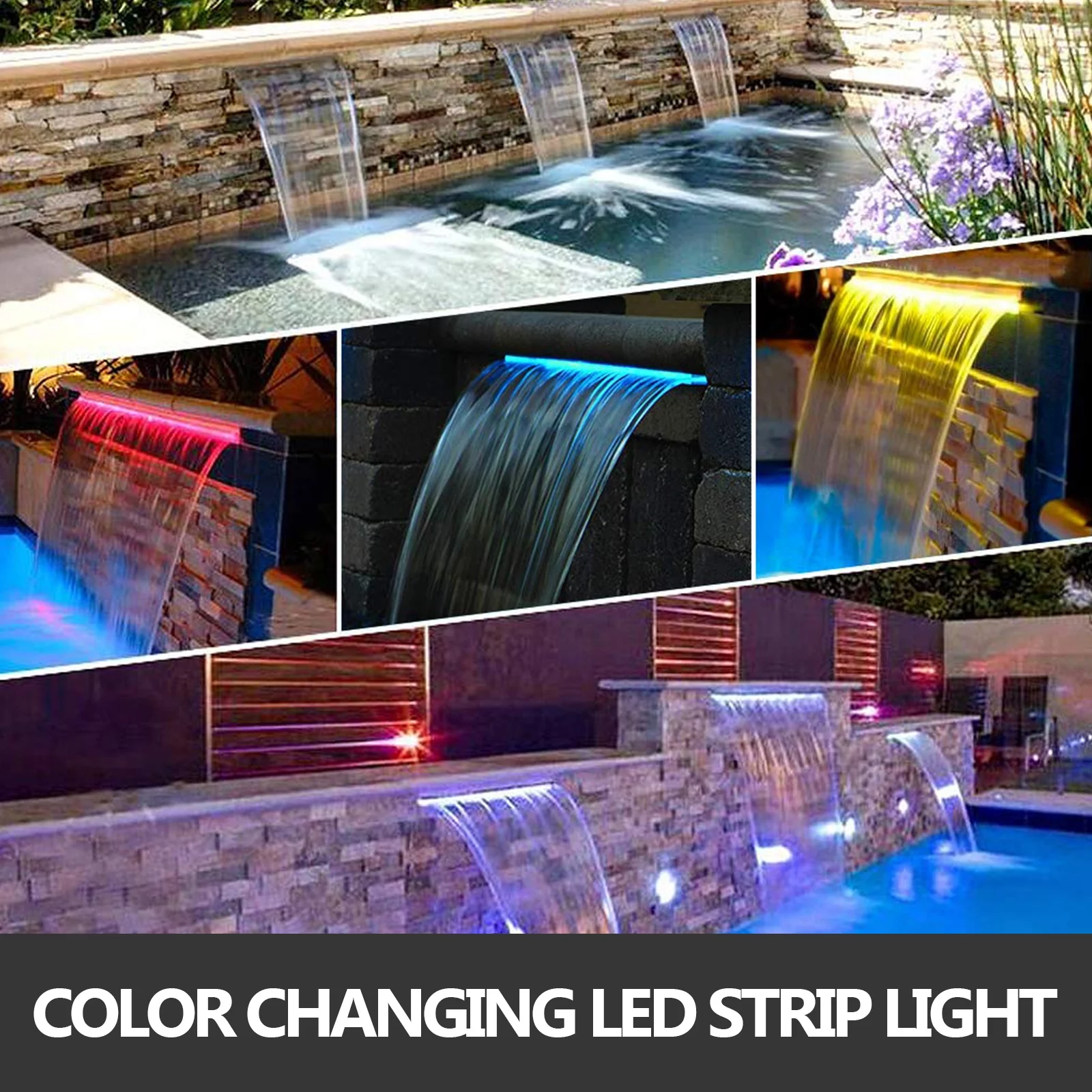 VEVOR Pool Fountain 47.2" x 4.5" x 3.1" Stainless Steel Pool Waterfall with LED Strip Light Waterfall Spillway with Pipe Connector Rectangular Garden