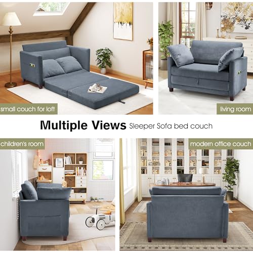 51" Loveseat Sleeper Sofa Bed, Chenille Convertible Floor Sofa Bed for Small Spaces, Folding Couch Bed with Deep Seat, 2 Pillows & Solid Frame
