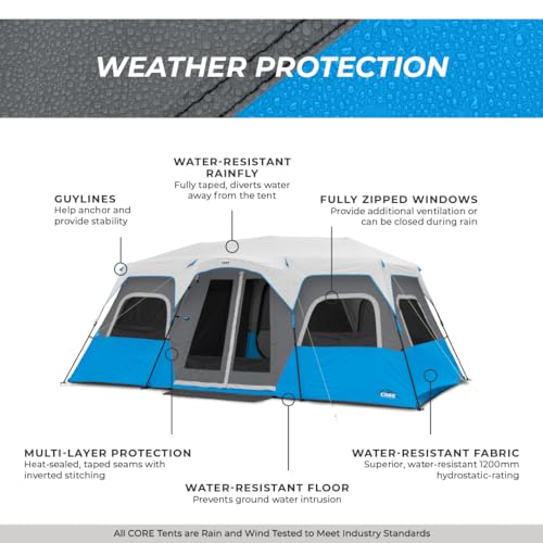 CORE Instant Cabin Tents with LED Lights | 6 Person / 9 Person / 12 Person Family Multi Room Lighted Pop Up Tents for Camping | Included Storage