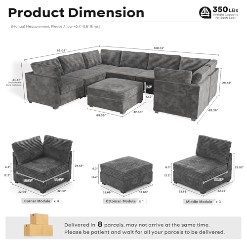ovios 130.7" Modular Sectional Sofa Couch, U-Shaped Cloud Couches with 2 Ottomans Chaise