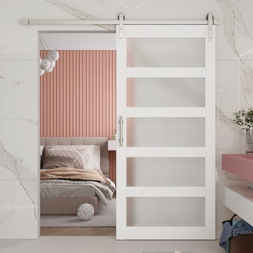 BARNSMITH 42in x 84in Glass Barn Door with 7FT Sliding Door Hardware Kit Included & Handle