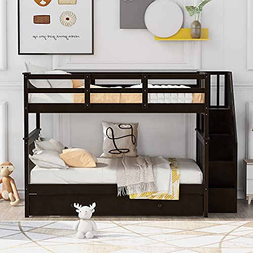 Harper & Bright Designs Twin Over Twin Bunk Bed with Stairs and Trundle, Solid Wood Stairway Bunk Bed Frame with Storage