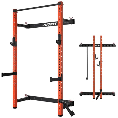RitFit Multi-Functional Folding Squat Rack for Home Gym, 2.36'' x 2.36'' Wall Mounted Squat Rack with Attachments - Space Saving Squat Power Rack
