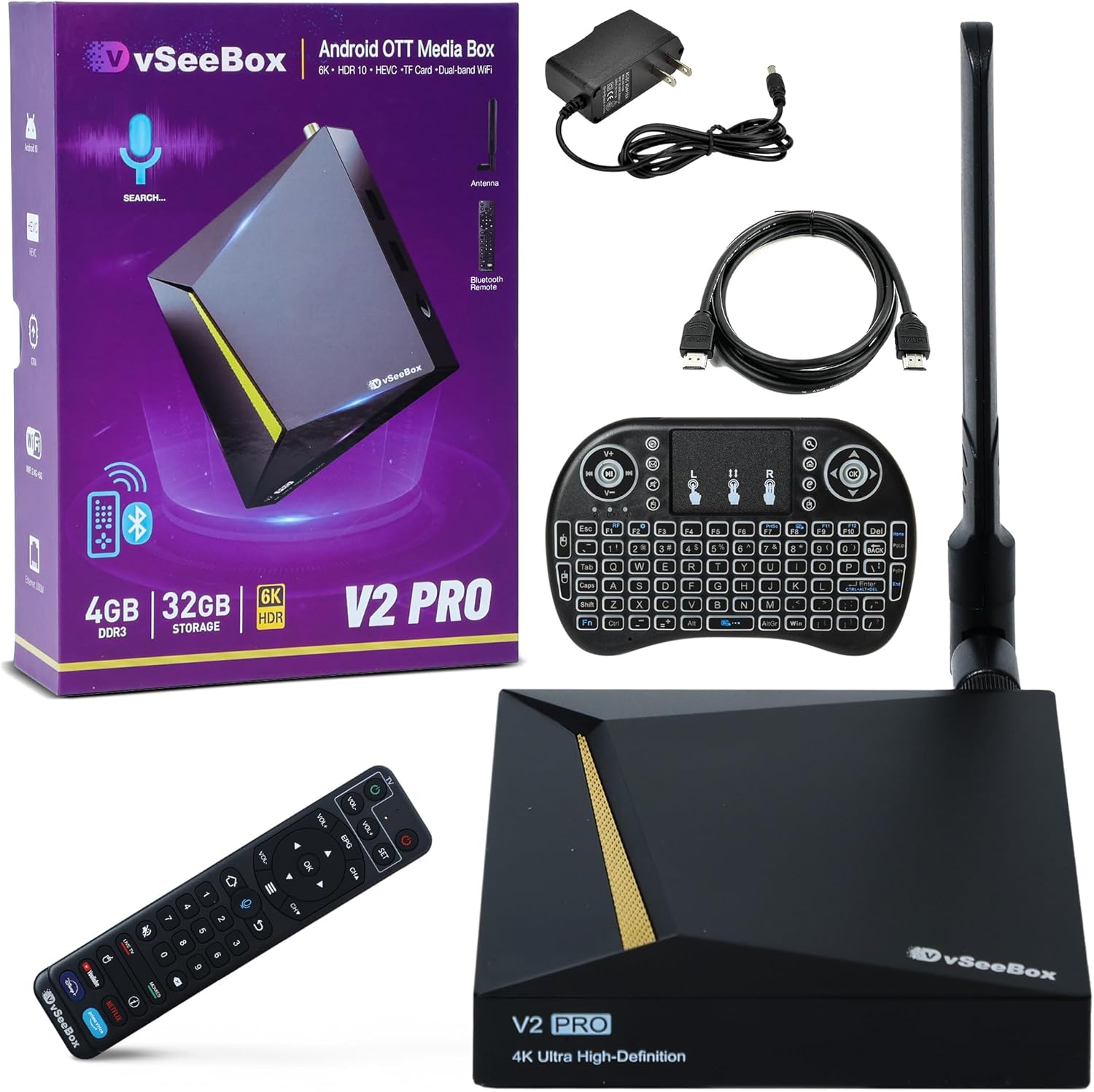 2024 Newest vSeeBox V2 Pro 6K with Voice Control Remote - Easy Setup Guide Android 10, Quad-Core, 4GB RAM, 32GB Storage