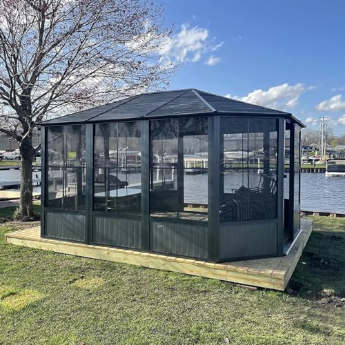 Domi 10’ x 10’ Hardtop Gazebo Metal Frame Canopy with Netting & Curtains