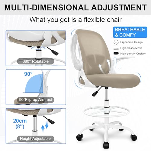 Primy Drafting Chair Tall Office Chair with Flip-up Armrests Executive Ergonomic Computer Standing Desk Chair with Lumbar Support and Adjustable