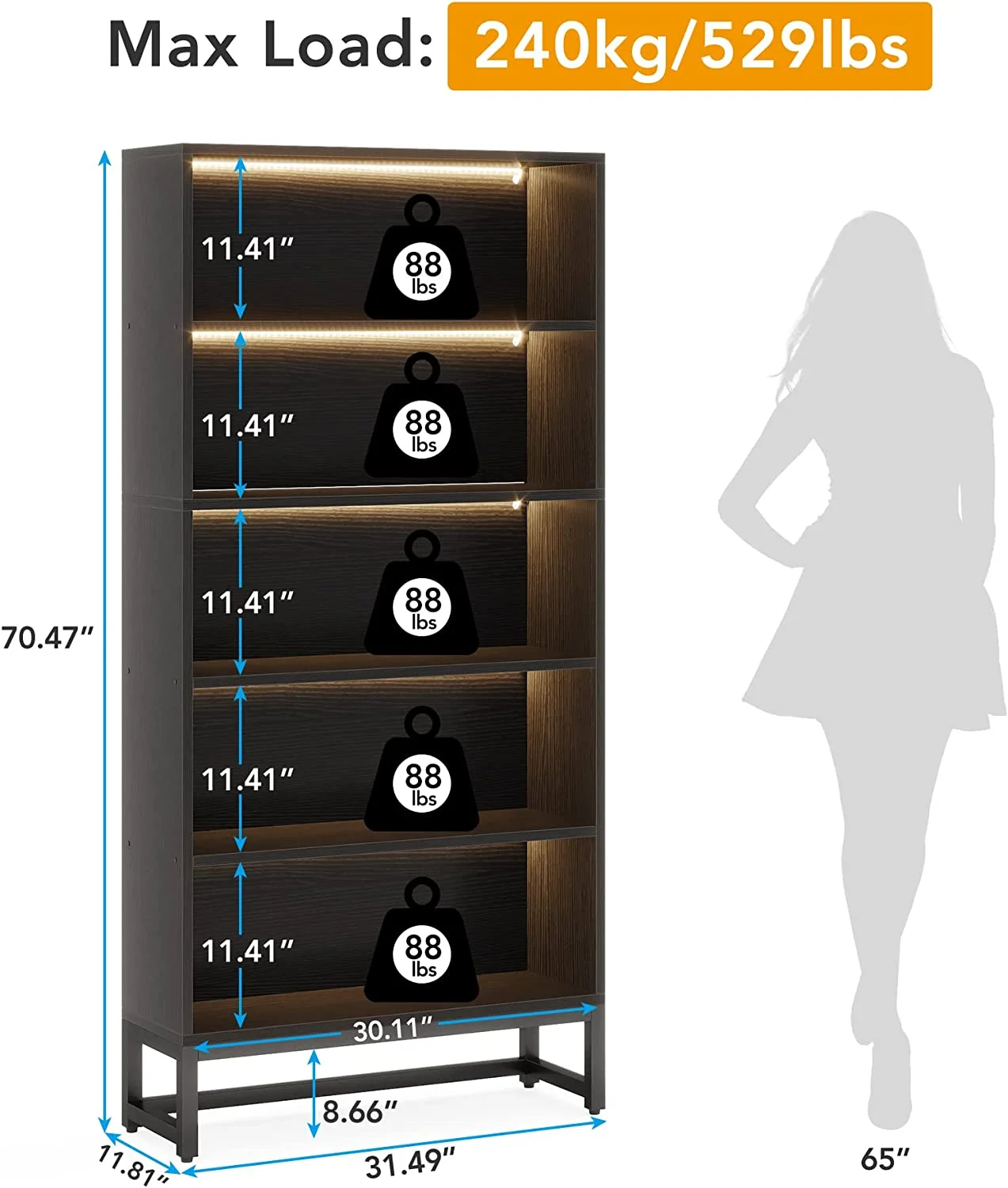 Tribesigns 5 Shelf Bookcase with Led Lights, Freestanding Display Organizer Shelving Unit for Home Office, Black