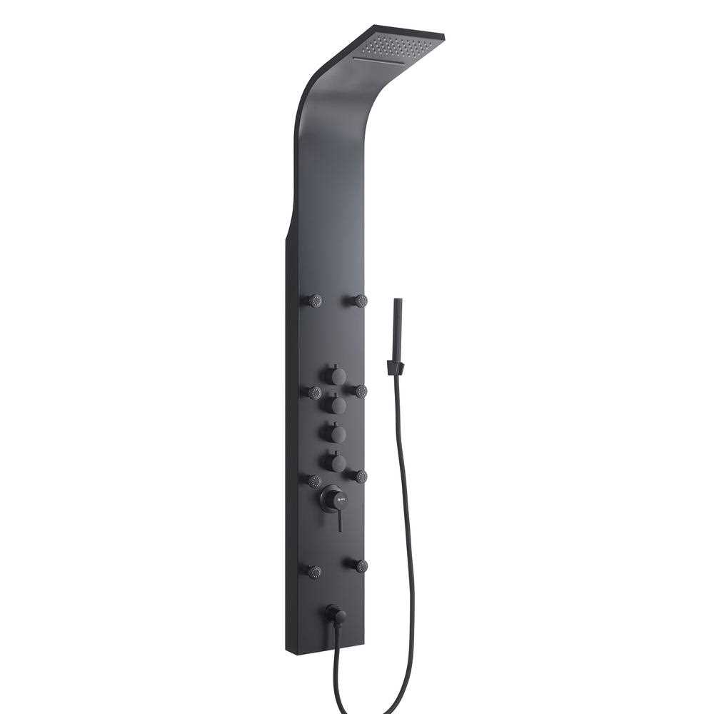 AKDY 65 in. 8-Jet Rainfall Shower Panel System with Waterfall Shower Head and Shower Wand in Black Painted Stainless Steel, Matte Black Painted