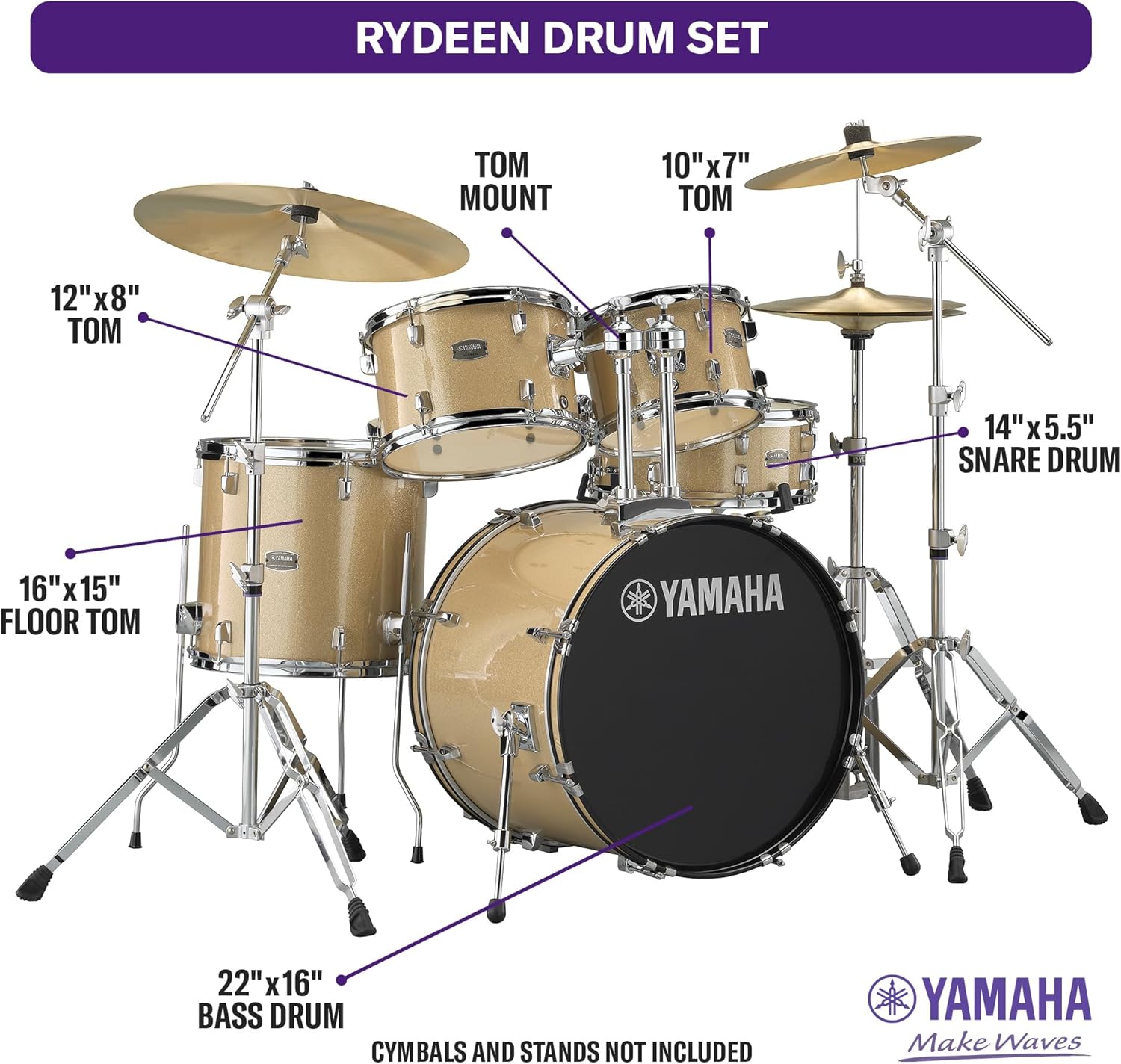 Yamaha Rydeen 5-Piece Drum Set With 22" Bass Drum, Floor Tom, 2 Toms With Ball Clamp And Wood Snare Drum, Champagne Glitter