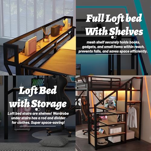 Full Size Loft Bed with Desk and Stairs, Heavy-Duty Steel Loft Bed Frame with Wardrobe & LED Light