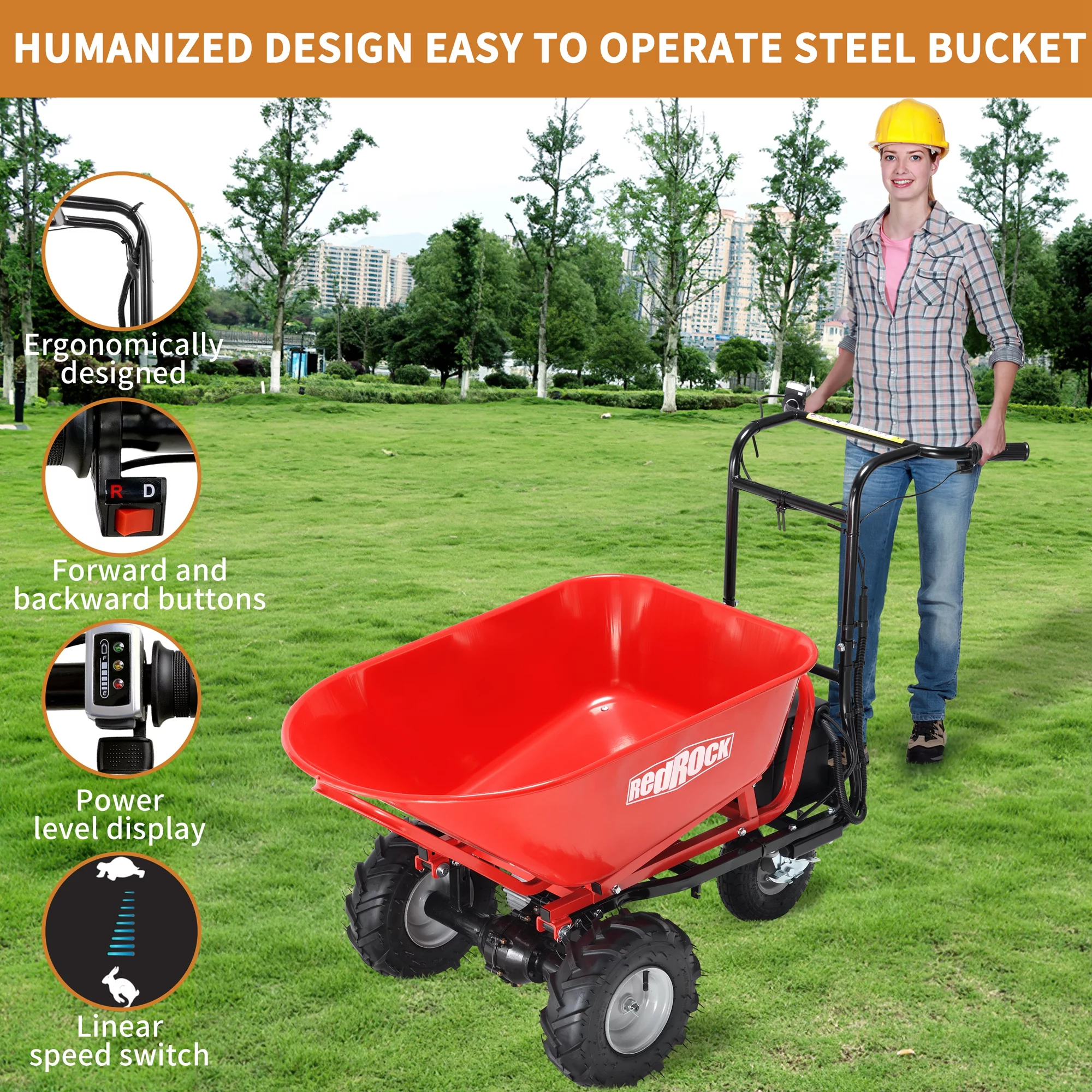 RedRock Electric Wheelbarrow Utility Cart - 48V28Ah 500W, 500lbs Capacity, Steel Construction, 1000lbs Towing