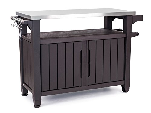 Keter Outdoor Rolling Table Cart for Food Prep, Storage, Bar & Grill, Dark Brown - Portable Kitchen Island Tabletop with Wheels for Drinks, Snacks