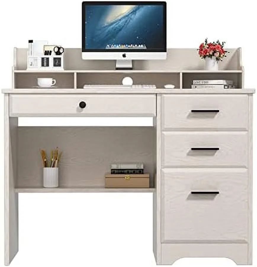 HJZUINIUNIU Computer Desk with 4 Drawers and Small Office Desk with File Drawers and Hutch Farmhouse Wood Writing Student Table for Home Office