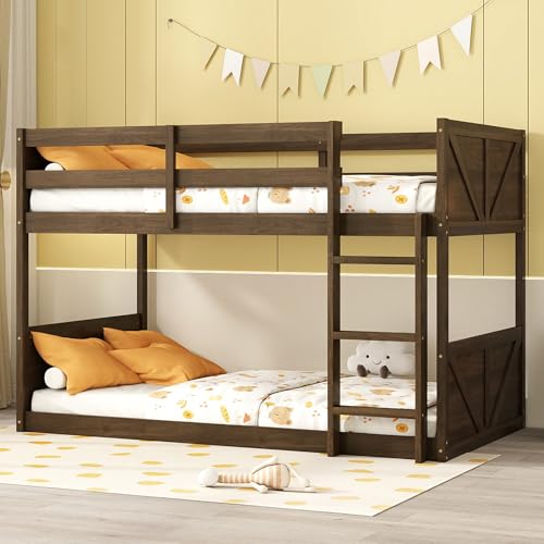 Bunk Bed Twin Over Twin, Wood Low Profile Floor Twin Bunk Beds with Ladder Guardrails for Kids Boys and Girls, No Box Spring Needed
